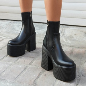 Side Zipper Women Thick Sole Short Boots Block Medium <b>Heels</b> Shoes <b>Round</b> <b>Toe</b> High Platform US Size 11 Pumps - Product Image 4