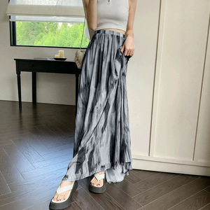 Tie-Dye Pleated Midi Skirt Women Chiffon A-Line Flowing Regular Waist Black Lined Summer Style - Product Image 2