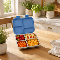 S004-3 Boîte Bento Réutilisable 4 Compartiments Mignonne avec Base et Couvercle en Acier Inoxydable, Capacité 1-3L, Anti-fuite, Sans BPA, Compatible Micro-ondes, pour Nouveau-né