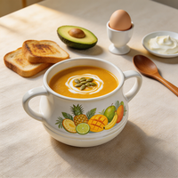 Bol à soupe en céramique à double poignée, imprimé fruits tropicaux (ananas, mangue), vaisselle en porcelaine pour la restauration en gros