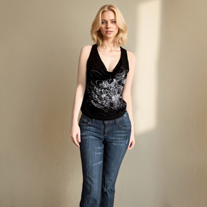 Débardeur à col bénitier pour femme, imprimé floral vintage foncé |   Top convertible sans manches à épaules dénudées, coupe ajustée, style gothique Y2K, pour les vacances - Product Image 2