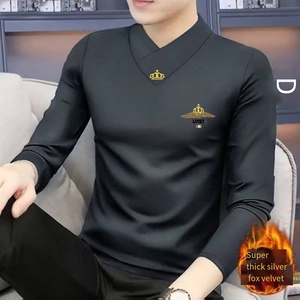 Silver <strong>fox</strong> Velvet New Long Sleeve <strong>T-shirt</strong> Men's V-neck 2025 Autumn and Winter Undercoat with Velvet Inside a Warm Top - Product Image 5