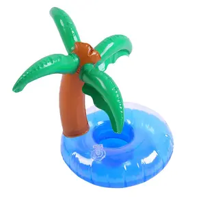 Custom PVC Round Palm Tree Floating Beer Drink Holders Beach Float Beverage Coasters Swimming Pool Inflatable Cup Holder