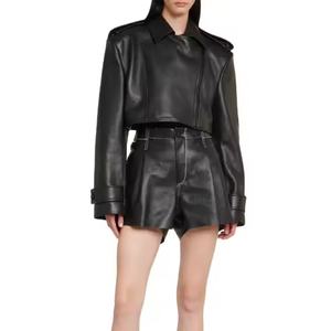 Nueva Llegada, Ropa de Cuero de Alta Calidad, Chaqueta Holgada de Color Sólido Estilo Motociclista para Mujer, Conjunto de Cuero con Pantalones Cortos de Cintura Alta - Product Image 1