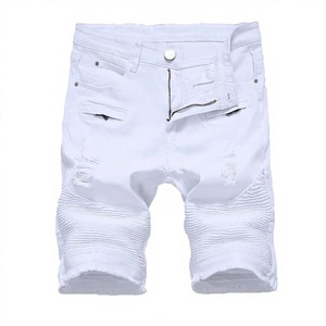 Shorts Bermuda déchirés blancs pour hommes en coton, décontractés, avec braguette boutonnée, poches zippées et taille mi-haute - Product Image 1