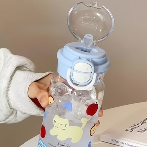 Sevimli Karikatürlü Plastik Pipetli Su Şişesi, Çift İçimli Büyük Kapasiteli Taşınabilir Bardak, Kız Öğrenciler İçin Açık Hava Kullanımı - Product Image 3