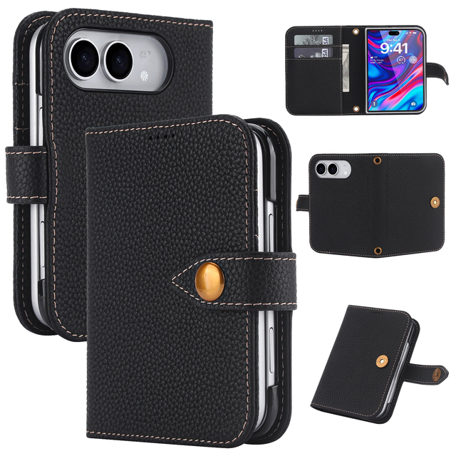 For iPhone 18 Fold Top Grain Cowhide Leather Wallet Case Magnetic Flip Cover with Card Holder Cash Pocket Foldable Phone Case