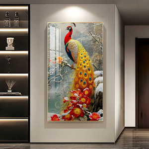 ภาพวาดติดผนังสมัยใหม่สำหรับห้องนั่งเล่นภาพวาดลายนกยูงและรูปสัตว์ลายพอร์ซเลนคริสตัล - Product Image 2