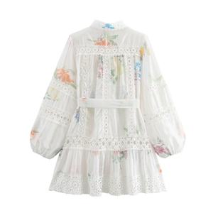 Vestido Holgado con Encaje y Flores, Estilo Dulce y Fresco, Estampado Chic, Cuello Camisero, Manga Larga, Estilo Informal para Primavera y Otoño - Product Image 6