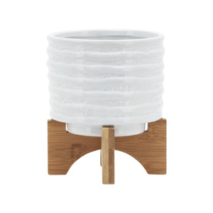 Pot en céramique avec support en bois, pot en grès moderne pour plantes d'intérieur et d'extérieur, pots à fleurs ronds, décoration intérieure - Product Image 2
