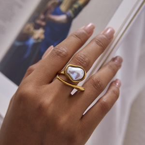 Pearl <b>Ring</b> 18K Gold Stainless Steel Baroque Style Asymmetrical <b>Open</b> Design Unisex Everyday Wear - Product Image 2