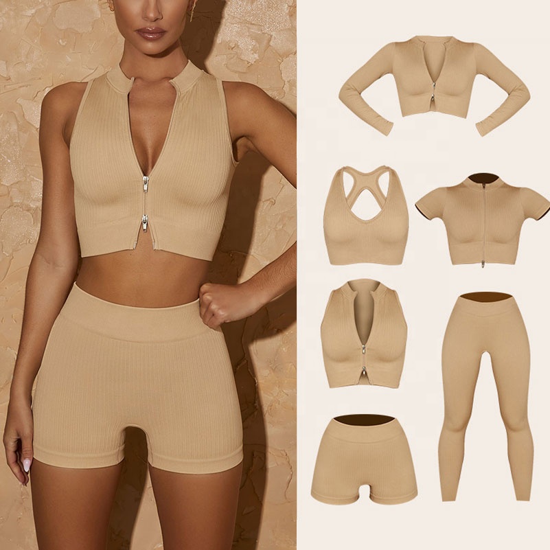Новинка 2022, Женская высокоэластичная облегающая бесшовная короткая спортивная одежда из 6 предметов в рубчик для спортзала, йоги, тренировок, одежда для фитнеса и активного отдыха
