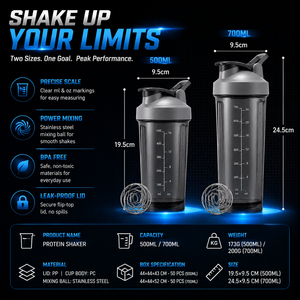 בקבוק שייקר חלבונים 500 מיליליטר ללא BPA עם לוגו בהתאמה אישית, בקבוק בלנדר מפלסטיק אטום לדליפות לאימוני כושר וספורט, סיטונאי - Product Image 2