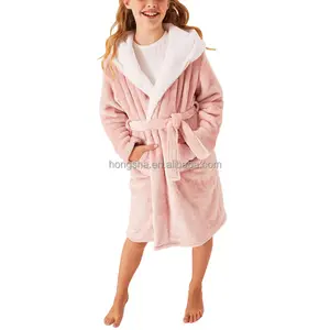 Winter Fur Hooded Girls Dressing Gown Tie Belt Back Embroidery Bathrobe Kids Long Sleeve Pocket Details Luxury Bathrobe