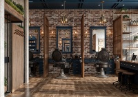 Ensemble complet de mobilier de salon de coiffure sur mesure : poste de coiffage, comptoir d'accueil et armoires de rangement