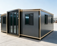 Casa de Huéspedes para Jardín, Contenedor Prefabricado con Acabado en Madera, Marco Negro, Expandible, Aspecto de Madera Marrón Anaranjado, Instalación Rápida