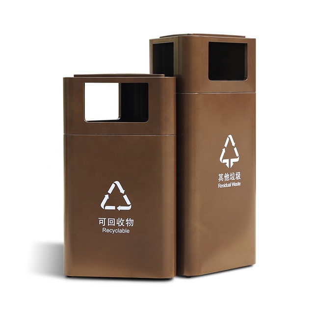 Golden Triangular Waste and Recycling Bin Outdoor Stainless Steel Antique Litter Bins Indoor Trash Can Metal Rubbish Cans