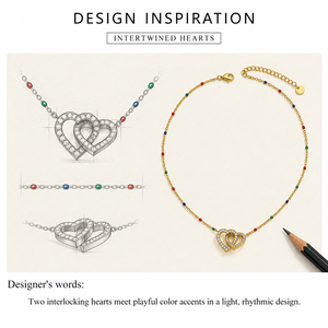Collier double cœur en acier inoxydable plaqué or 14 carats, zircone cubique, chaîne en émail coloré - Product Image 3