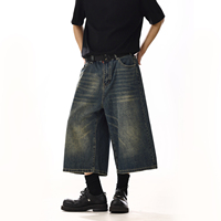 Shorts en jean vintage pour hommes, coupe droite, style streetwear d'été, personnalisés, baggy, effet usé, en denim de coton délavé foncé