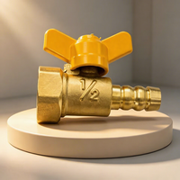 Robinet à bille en laiton forgé 1/2 pouce, filetage femelle vers raccord cannelé, poignée papillon jaune pour cuisinière à gaz, gaz naturel, GPL