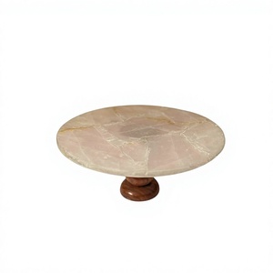 Round Pink Stone Cake Platter with Wooden Base and Cake Stand Eco-Friendly Non-Stick Handmade Resin - Product Image 1