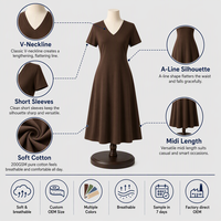 Robe midi en gros en coton doux à col en V et manches courtes, coupe trapèze, pour femme, marron chocolat, décontractée, avec logo personnalisé, OEM