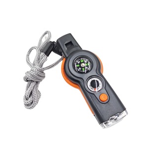 Sifflet de survie sept en un avec boussole, thermomètre, lumière LED, équipement de sauvetage pour le camping en plein air, outil multifonction compact gris - Product Image 2