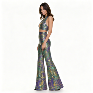 Conjunto de Top Corto Metálico con Cuello Halter y Pantalones Acampanados para Mujer, Estilo <span class=keywords><strong>K</strong></span>-pop para Actuaciones en Escenario, Poliéster, 2 Piezas - Product Image 3