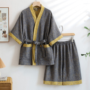 Batas de kimono <span class=keywords><strong>para</strong></span> <span class=keywords><strong>parejas</strong></span>, ropa de casa, traje de sauna de algodón, bata de baño fina, absorbente y de secado rápido, camiseta y pantalones de pijama - Product Image 3