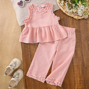 Nouvel ensemble d'été 2025 pour fille : Haut sans manches à carreaux tendance et décontracté + Pantalon – Tenue mignonne - Product Image 3