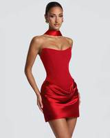 Robe Courte Sexy Bustier Corset avec Foulard Ras-du-Cou et Dos Lacé en Satin Froncé, Robe Moulante pour Femme, Soirée, Club, Fête