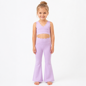 Soft Nylon Spandex Girls Scalloped Active Set <strong>Purple</strong> Scallop Edge <strong>Crop</strong> <strong>Top</strong> &amp; High Waist Flare Pants Kids Yoga Outfit - Product Image 5