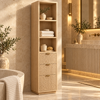 Meuble de rangement moderne en bois clair pour salle de bain, meuble à linge étroit autoportant avec 3 compartiments ouverts et 3 tiroirs