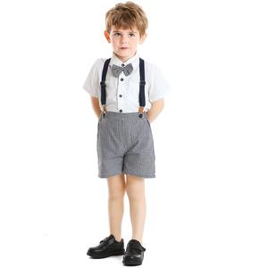 夏季秋季儿童男童纯色休闲套装短袖衬衫背带裤绅士男童服装套装 - Product Image 5