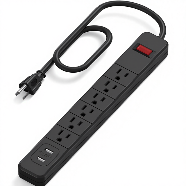 8-in-1 Copper Power Strip 2 USB-A Ports 5V/2.4A 6 Outlets Surge Protection Switch Mountable Slim Design 2.5FT 14AWG Cord 15A