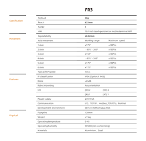 Robot collaboratif industriel Cobot 6 axes FR3 avec une charge utile de 3 kg, une portée de bras de 622 mm, un moteur et un PLC pour la préhension, le levage, la manutention et la placement. - Product Image 3