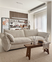 Canapé trois places en tissu crème, style vintage français, pour salon, avec dossier droit, rembourrage en duvet, housse amovible et lavable