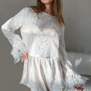 QINSI, ropa de dormir de algodón con plumas de Invierno para mujer, pantalones cortos de manga larga de lujo, conjunto de 2 piezas, pijamas para mujer, conjunto de ropa de dormir suave para mujer - Product Image 2