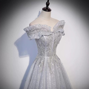 Grey Off The Shoulder Ball Gown Evening Dress With Ruffles Embroidered Organza Natural Waistline For Banquets And Performances - Product Image 3