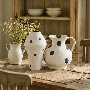 Textured White Black Polka Dot Ceramic Vase Set Irregular Asymmetrical <strong>Cottage</strong> Style Table Decor Vase - Product Image 3