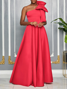 Abito da festa da donna taglie forti, nuovo modello alla <span class=keywords><strong>moda</strong></span> con spalla asimmetrica e fiocco, vestito ampio a balze - Product Image 2