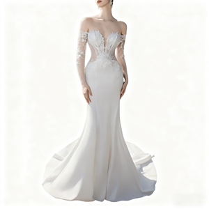 Классическое свадебное платье 2025 года для женщин: атласное, без бретелек, с 3D-вышивкой кружевом, прозрачным шлейфом-чапелем, силуэт «русалка» - Product Image 1