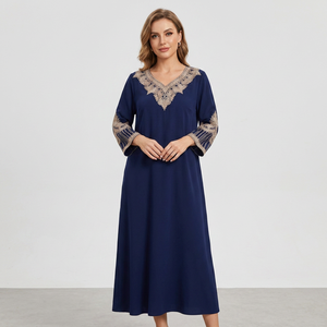 Wholesale Modest Crepe Navy Blue <b>Kaftan</b> Dress Women Long Sleeve Gold Embroidery Moroccan Abaya <b>Plus</b> <b>Size</b> Maxi Islamic Ramadan - Product Image 2