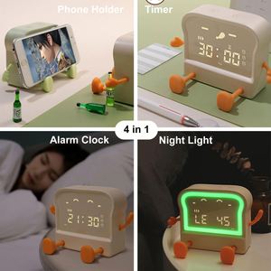 Modern Electronic <b>Digital</b> Cartoon Toast Bread Fun Alarm <b>Clock</b> Timer Mobile Phone Holder Color-Changing Night Light USB Charging - Product Image 6