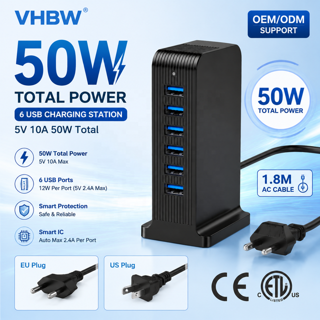 50W Total Power 6 Port USB Charging Station Tower 5V 10A Desktop Charger with 1.8M AC Cable CE ETL Certified OEM ODM