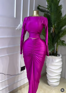 Ensemble 2 pièces froncé pour femme : haut court à manches longues et jupe longue taille haute pour soirées et événements – Tendance Mode - Product Image 6