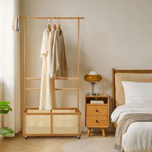 Porte-vêtements <span class=keywords><strong>sur</strong></span> roues, porte-vêtements en bambou avec panier de rangement Porte-vêtements autoportant avec rail à vêtements suspendu - Product Image 6