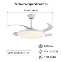 Ventilateur de plafond invisible JK Modern 42 pouces avec lumière, commande intelligente par application Wi-Fi, pales rétractables, moteur DC, LED à intensité variable