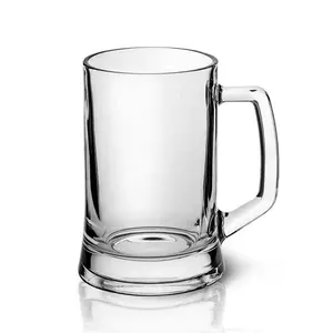 ホット販売ファッショナブルな鉛フリーの厚いガラスビールマグカップ透明な透明なビール飲用ガラスカップハンドル付き