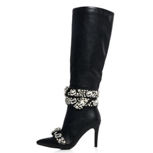 Big Diamonds Embellished Side Zipper Women's Knee High Boots Pointed Toe Cross Straps Long <b>Booties</b> Gold Stiletto Heels - Product Image 6